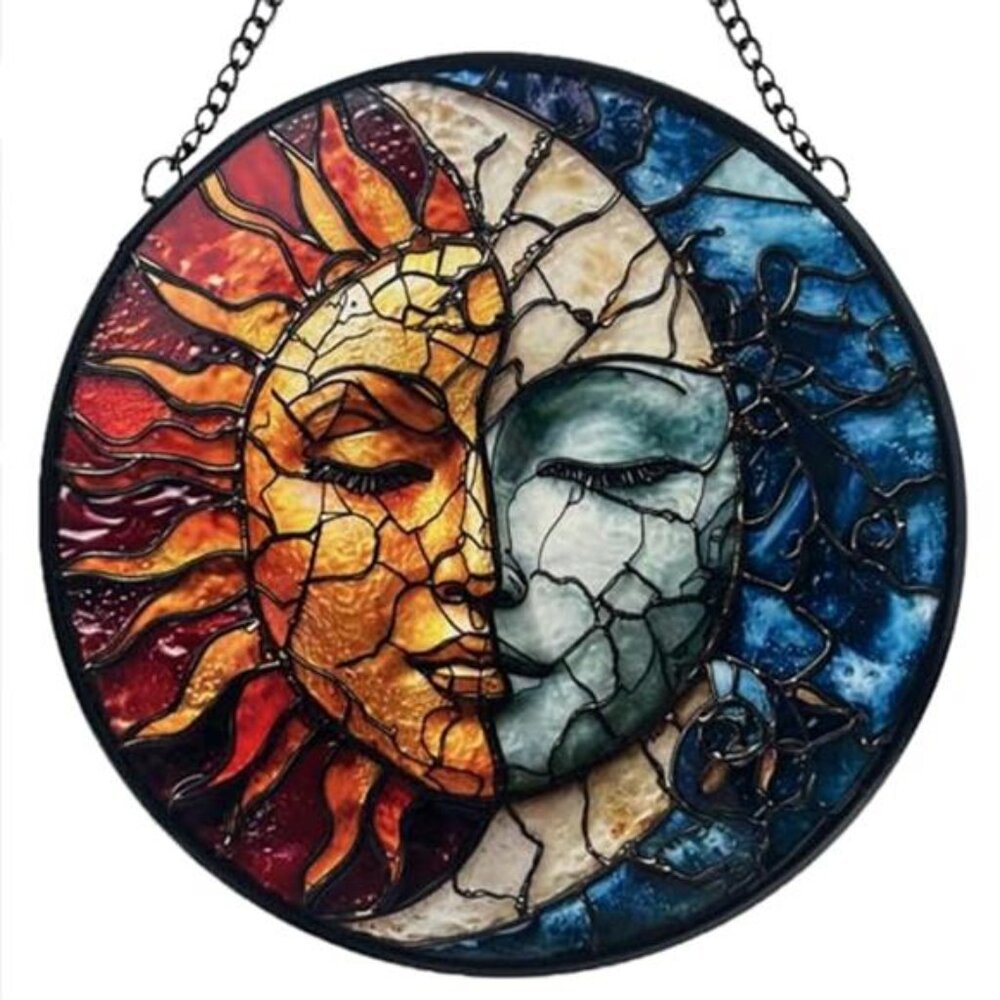 Sun and Moon Decor Suncatcher Stained Glass Window Hanging - Handmade